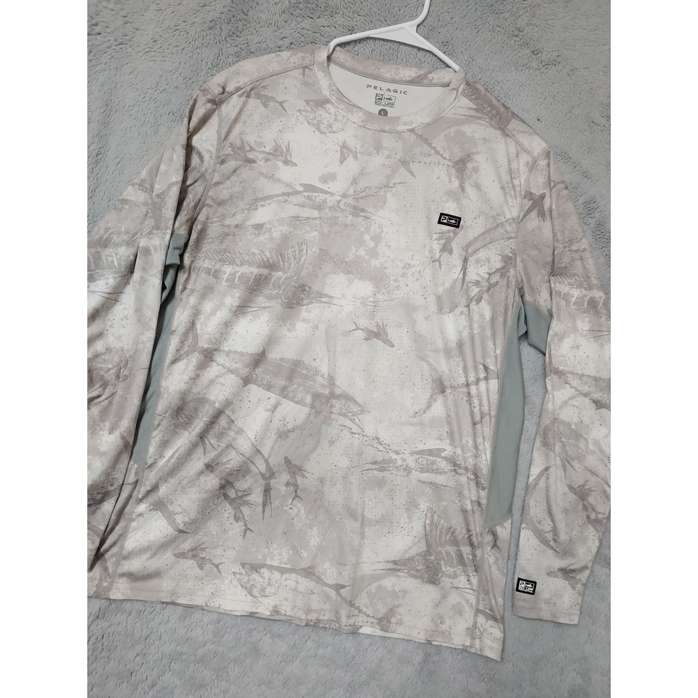 Pelagic Shirt Men Large Fishing Performance UPF 50 Long Sleeve Camo Gray Boating